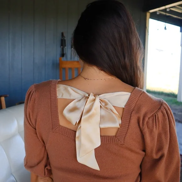 Puff Sleeve Cashmere Sweater w Silk Bow, Square Neck Knit, Silk Bow Tie Back - Picture 11 of 12